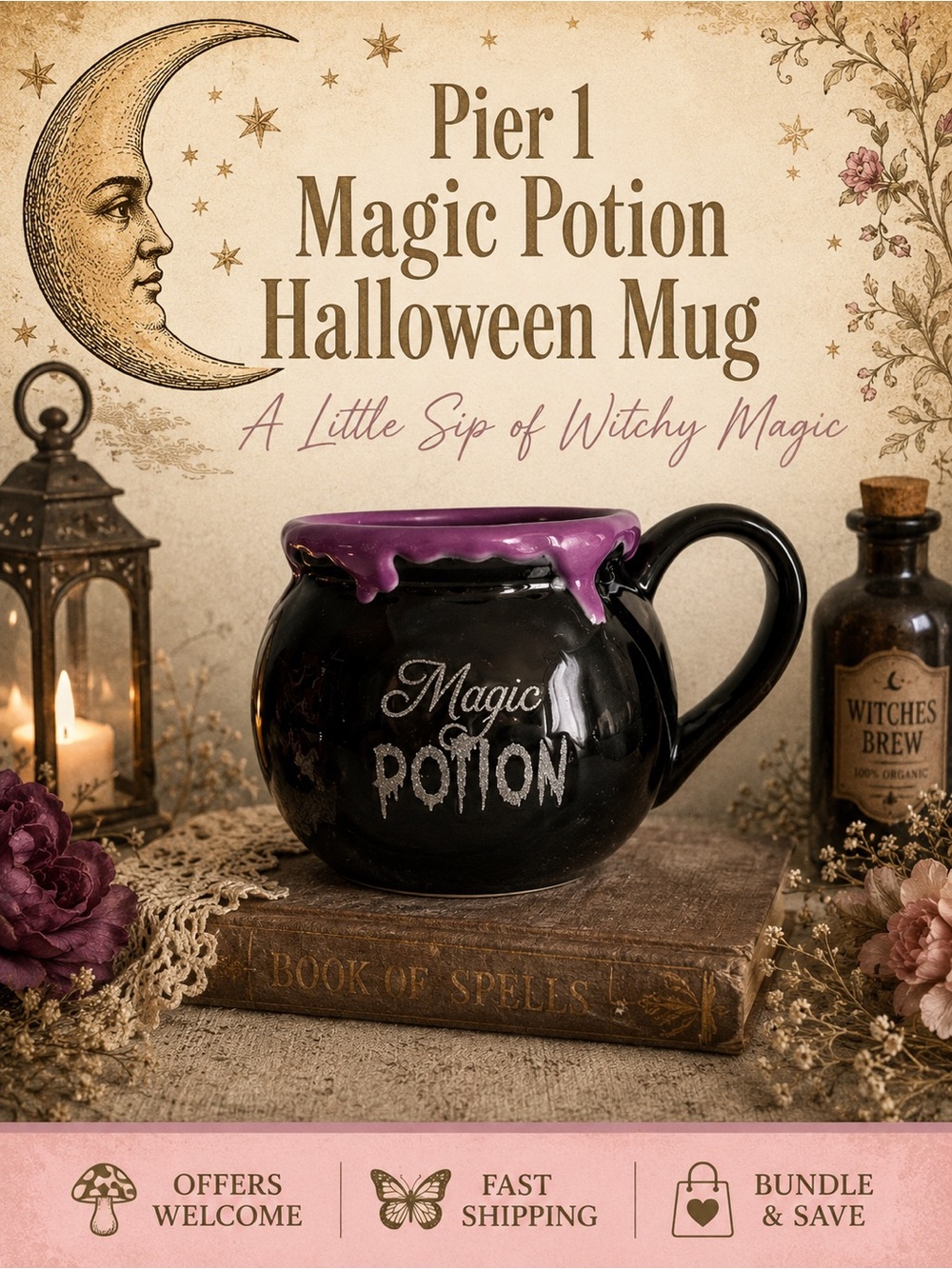 Pier 1 Magic Potion Halloween Cauldron Mug Black Purple Witch Decor